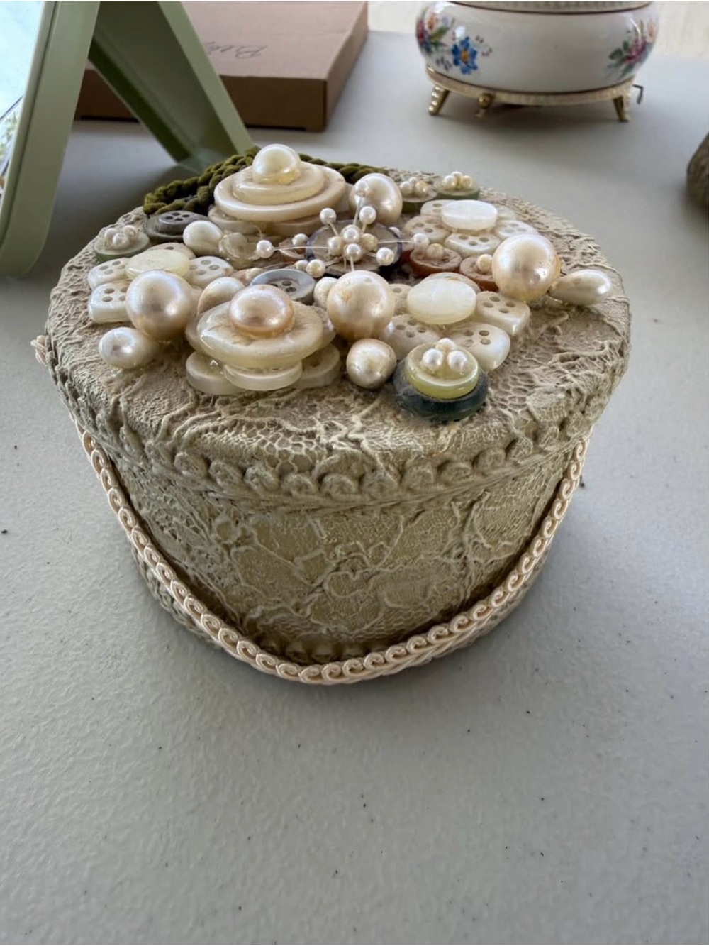 Vintage Embellished Round Lace Trinket Box with Pearl Buttons Ceramic